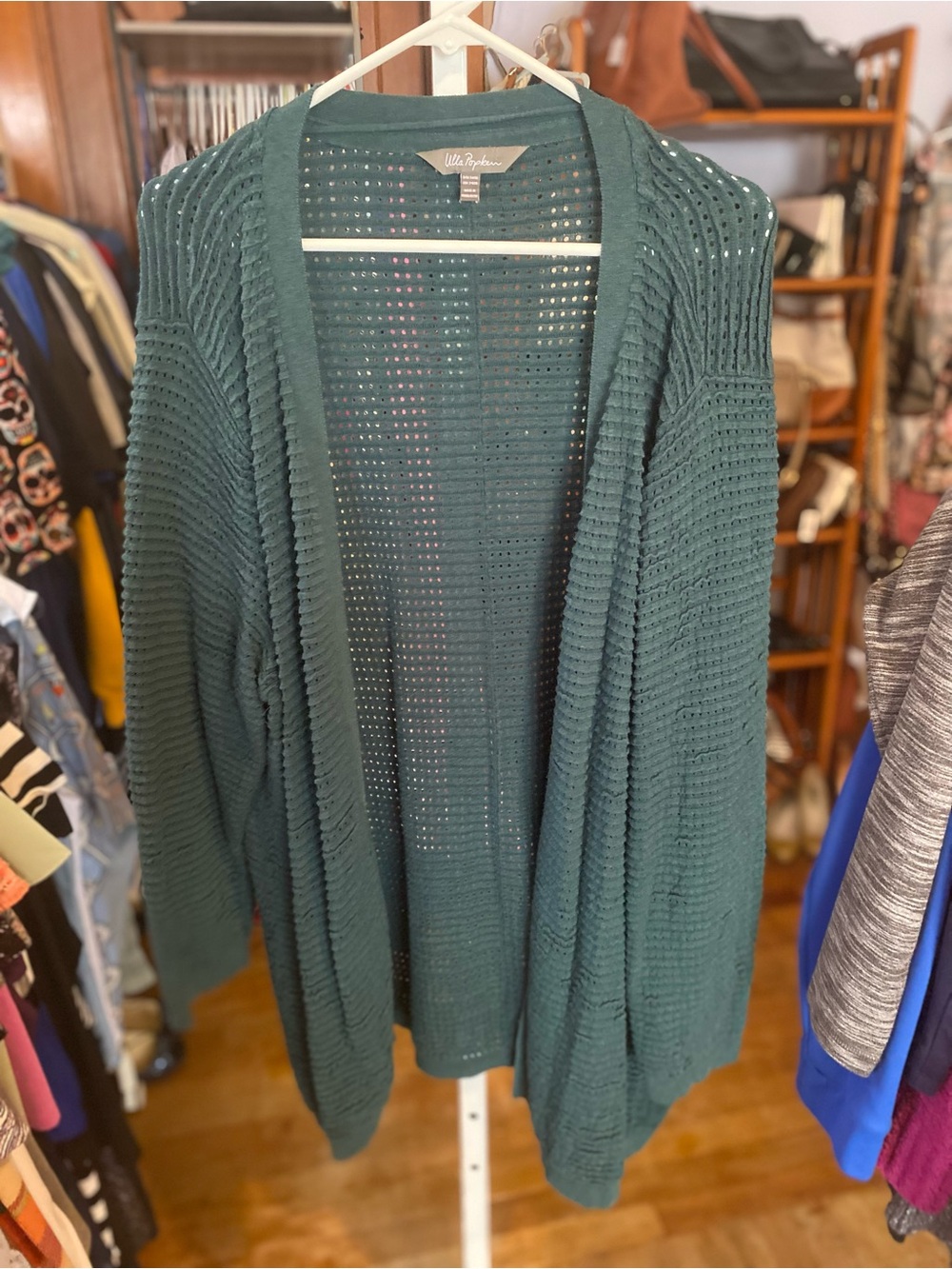 Ulla Popken Open-Front Teal Green loose Knit Cardigan